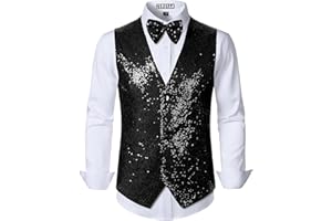 ZEROYAA Men's Sequin Vest Slim Fit 70s Shiny Waistcoat Bowtie Set Disco Prom Party Tuxedo