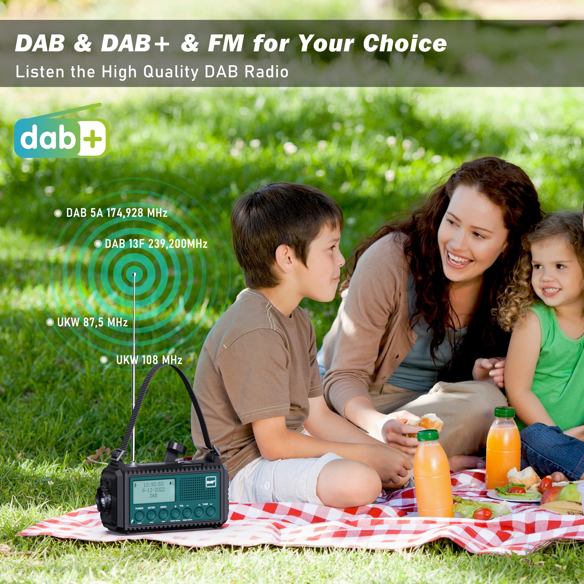Kurbelradio DAB+/DAB/UKW mit 5000mAh Akku Wiederaufladbare, Notfallradio mit Taschenlampe & Leselicht, Tragbare Camping Radio mit USB Handyladefunktion FM Dynamo, SOS-Alarm für Wandern, Outdoor 4
