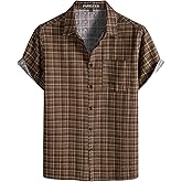 PARKLEES Men's Cotton Linen Vintage Pattern Printed Old Style Shirt Casual Short Sleeve Button Down Retro Shirts