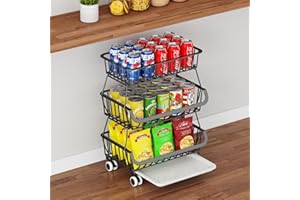 MCHOTER 3-Tier Rolling Pantry Floor Organizer, Stackable Pantry Storage Cart with Wheels, Metal Wire Pantry Baskets, Kitchen Fruit Basket Stand, Vegetable Storage Rack for Fruits Snacks Onions Potatoes