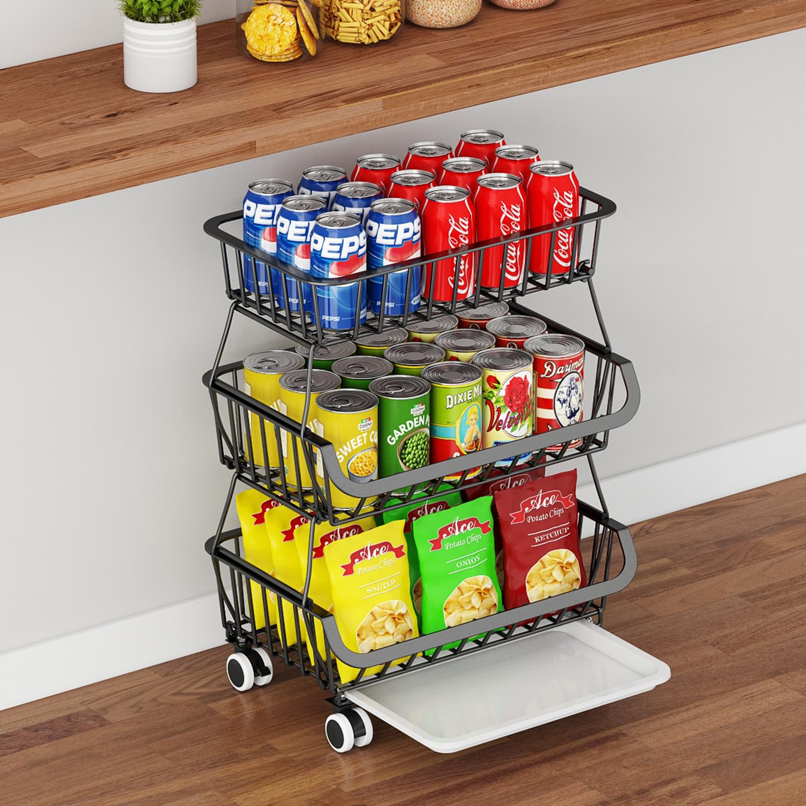 OKZEST 3-Tier Rolling Pantry Floor Organizer and Storage Cart with ...