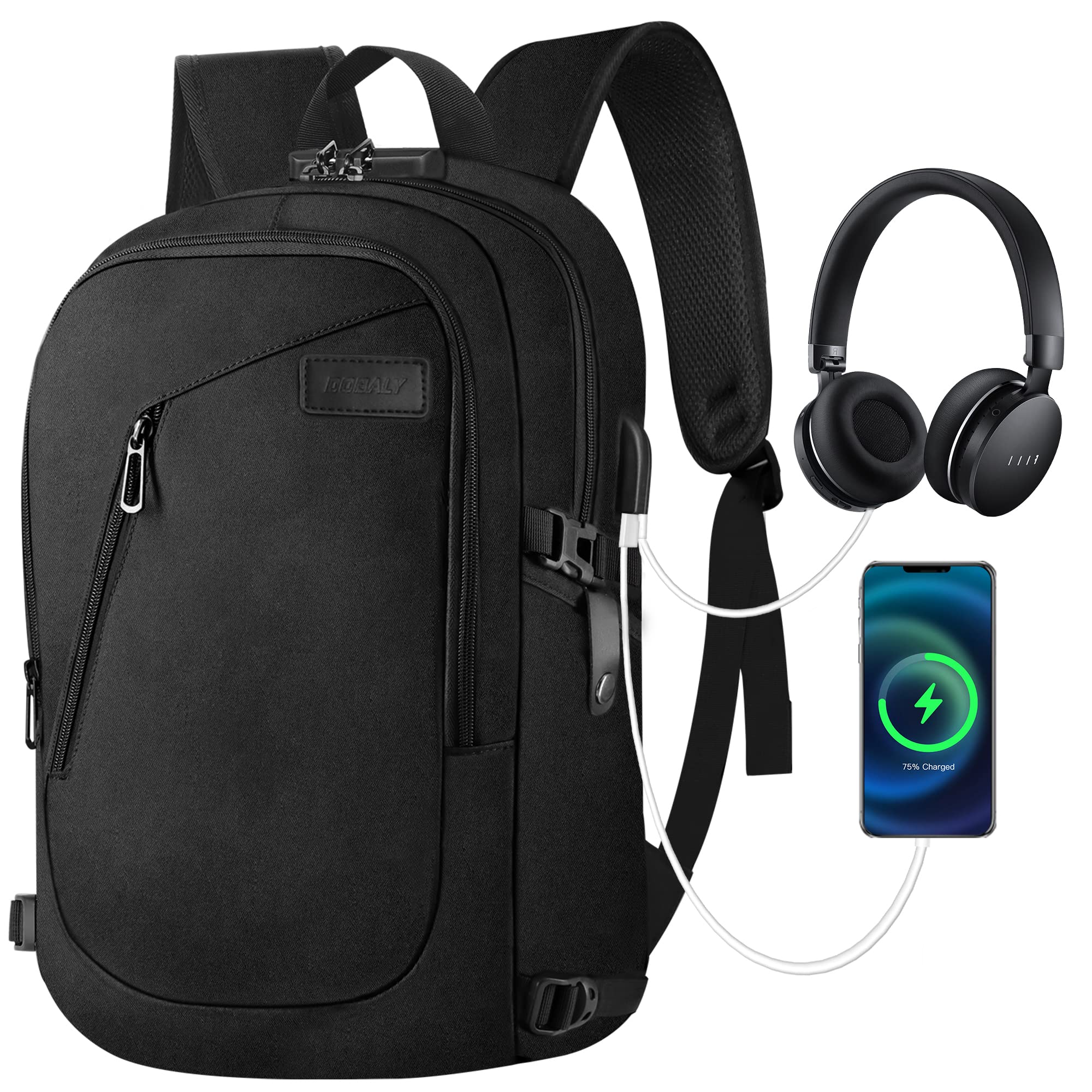 Dobaly Anti-Theft Laptop Backpack with USB Charging Port, Lockable Laptop Rucksack 15.6 Inch for Mens Women, Water Resistant Bag for Business College Work Office School-Black