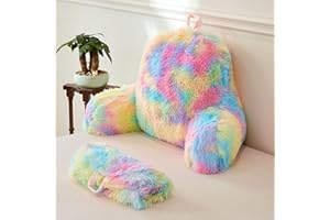 XeGe Fluffy Back Support Pillow Cover for Bed (No Filler), Tie Dye Faux Fur Backrest Pillow Case, Furry Fuzzy Reading Pillow Cover with Arms Adults Kids Girls, Rainbow
