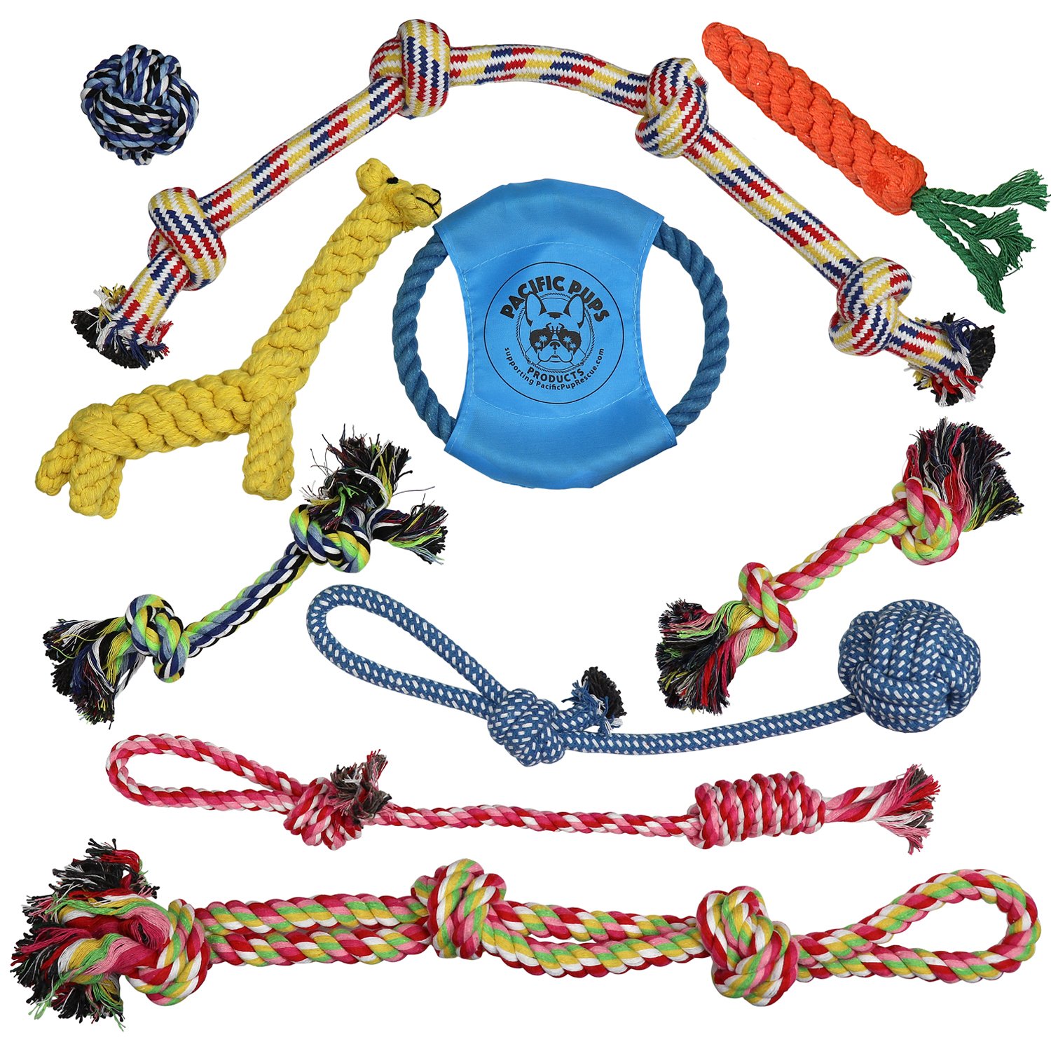 DOG ROPE TOYS FOR AGGRESSIVE CHEWERS – SET OF 11 NEARLY INDESTRUCTIBLE DOG TOYS – BONUS GIRAFFE ROPE TOY - BENEFITS NONPROFIT DOG RESCUE