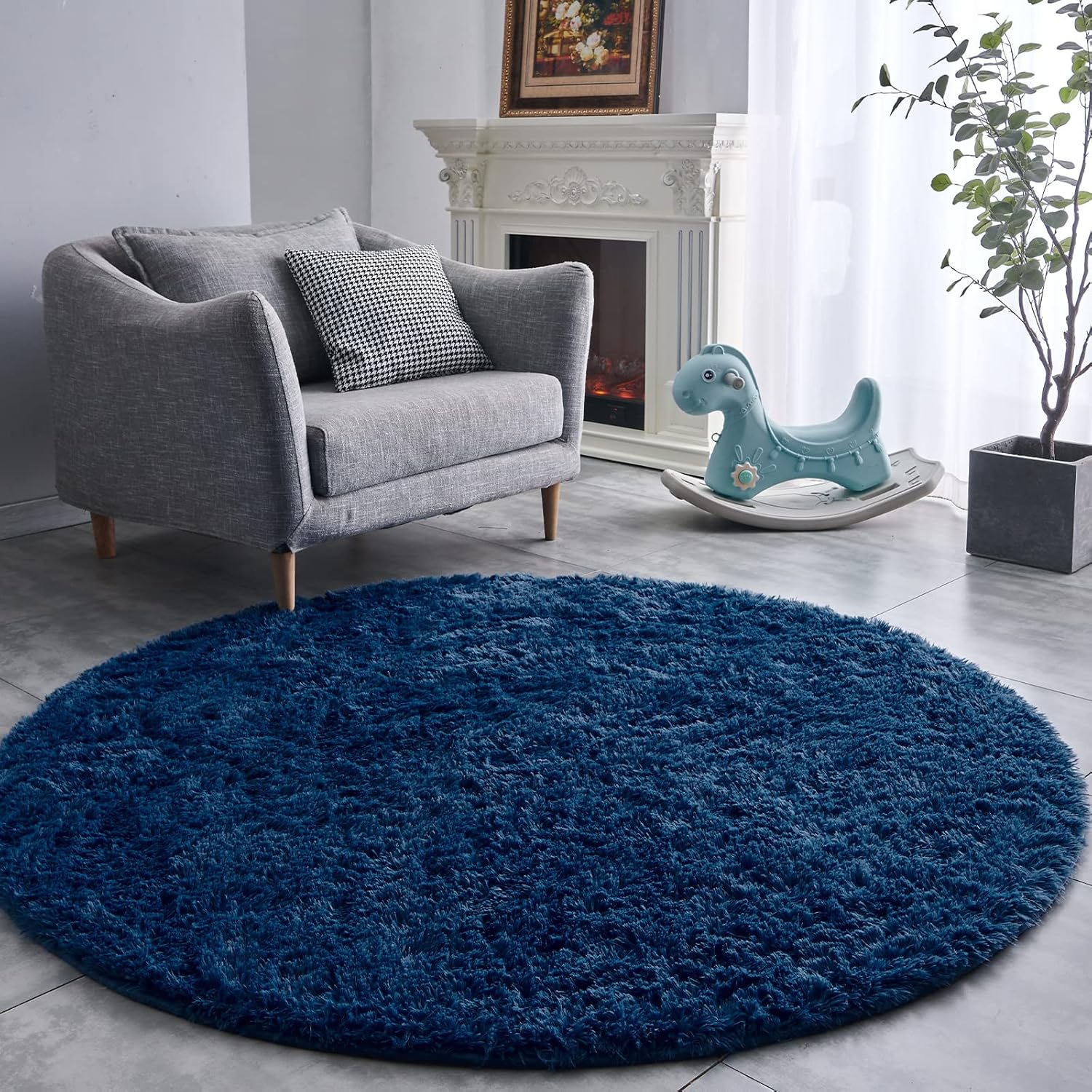 Rugs, Pads & Protectors - FJZFING Navy Blue Round Rug Ultra-Soft Plush Modern 4x4 Circle Area Rug for Kid's Bedroom, Fluffy Shag Circular Rug for Nursery Room, Non-Slip Home Decor Cute Navy Blue Carpet for Teen's Room