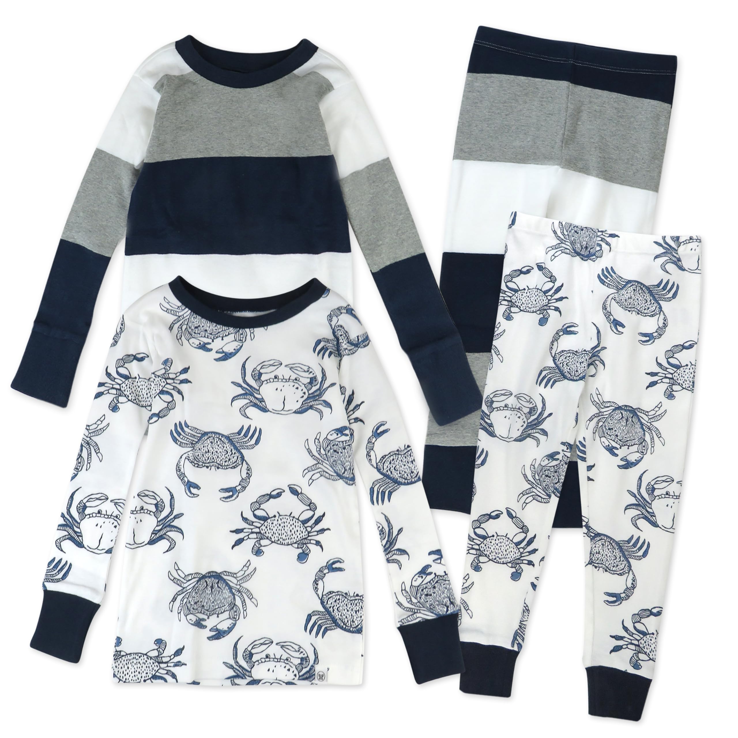 HonestBaby 4 Piece Pajamas Sleepwear Pjs 100% Organic Cotton for Infant Baby and Toddler Boys, Girls, Unisex, Crabs, 12 Months