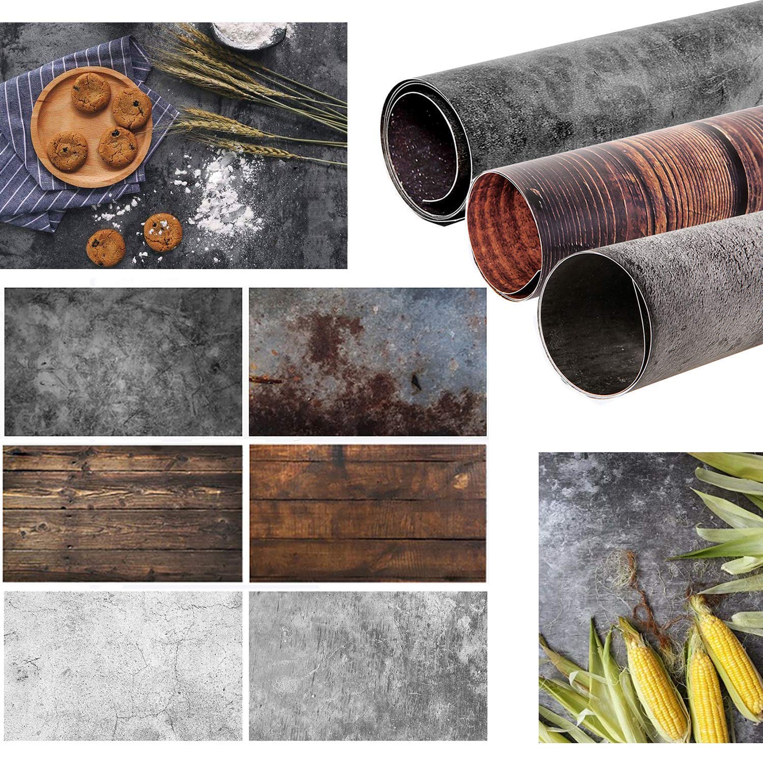 Selens 56x89cm 2 in 1 Food Photography Backdrop Background 3pcs Concrete Wood Paper Photo Studio for Flat Lay Product Props Cosmetic Jewelry Photographer Vlog YouTube Video, Double Sided Pattern