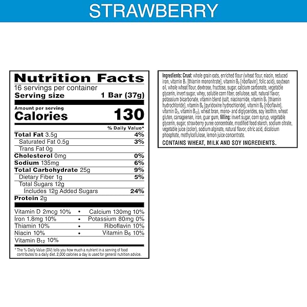 NUTRI-GRAIN BREAKFAST BARS, MADE WITH 10G WHOLE GRAINS, SNACK BARS, STRAWBERRY, 20.8OZ BOX (16 BARS)