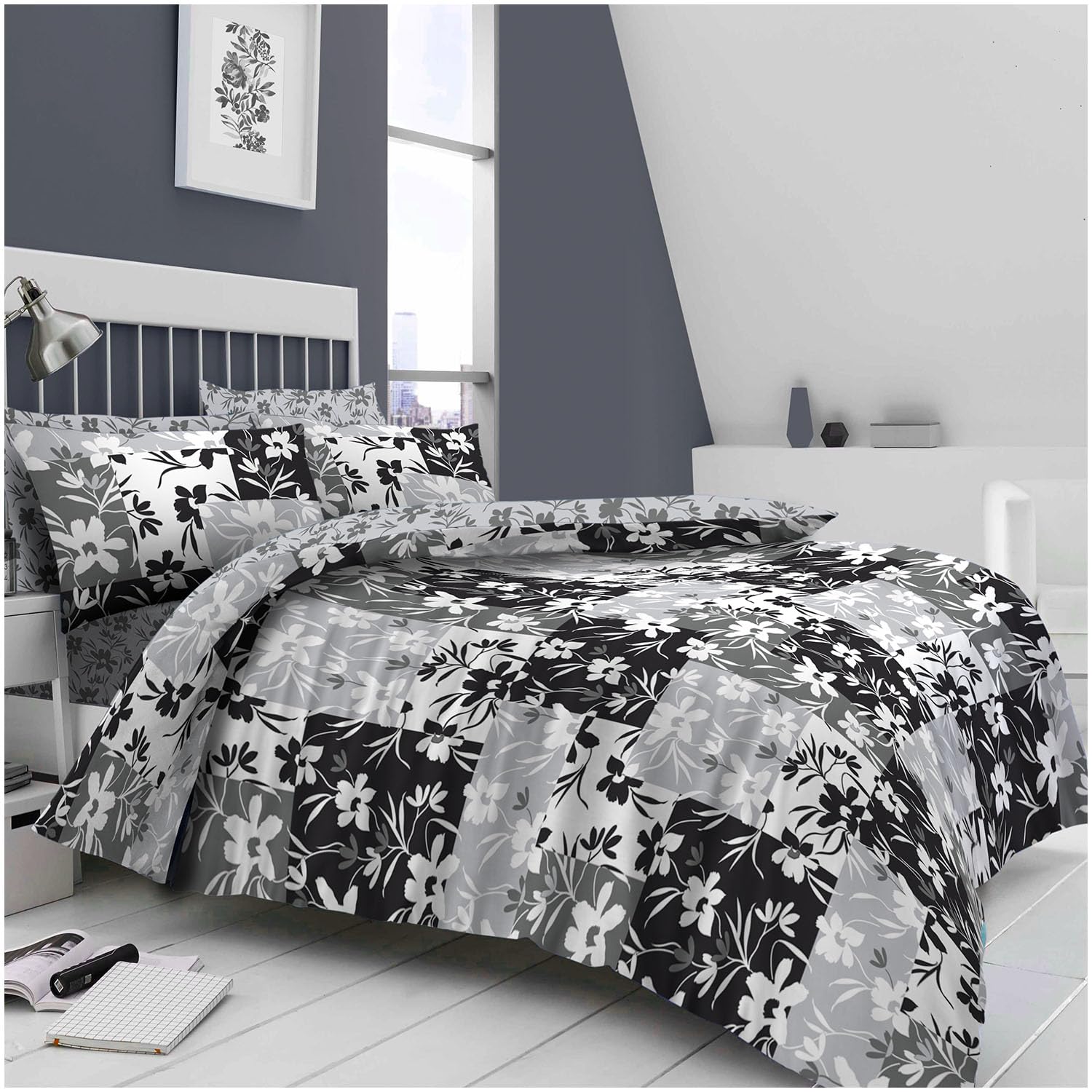 GC GAVENO CAVAILIA Leaf Pattern Duvet Cover King Size (230x220cm) - Polycotton Duvet Set 3 Piece Bedding Bed Cover with Pillowcase - Washable Linen - Grey