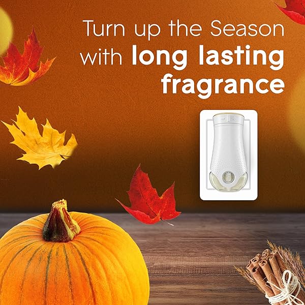 GLADE PLUGINS REFILLS AIR FRESHENER STARTER KIT, SCENTED AND ESSENTIAL OILS FOR HOME AND BATHROOM, GOLDEN PUMPKIN & SPICE, LIMITED EDITION SCENT, 1.34 FL OZ, 1 WARMER + 2 REFILLS