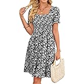 Naggoo Women's Summer Dresses Short Puff Sleeve Casual Square Neck Floral Print Smocked A Line Flowy Beach Sun Dresses