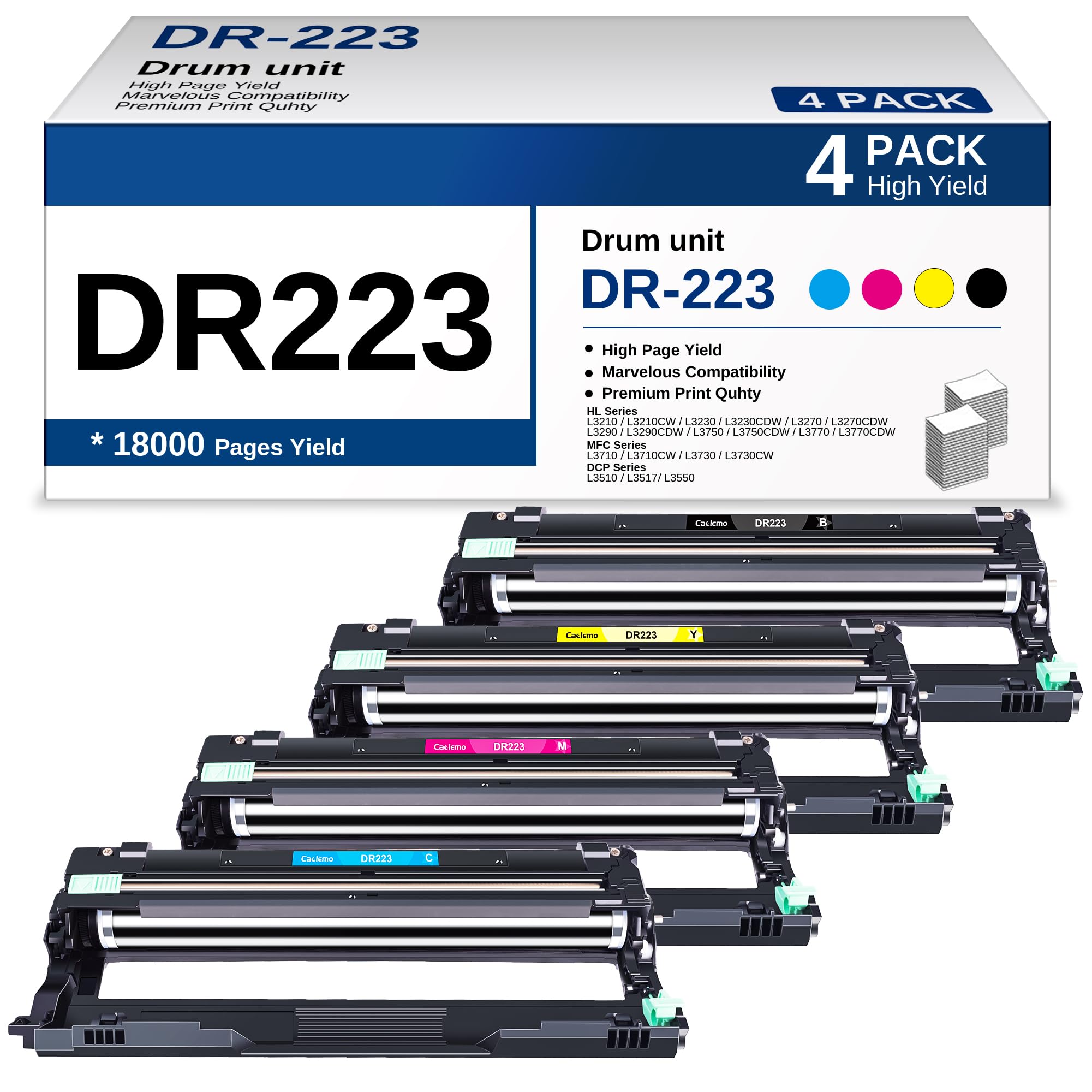 Photo 1 of DR223CL Compatible Drum Unit Replacement for Brother DR223CL DR-223CL DR223 compatible with Brother MFC-L3770CDW MFC-L3750CDW HL-L3270CDW HL-L3290CDW HL-L3230CDW (Black, Cyan, Magenta, Yellow, 4 Pack)
