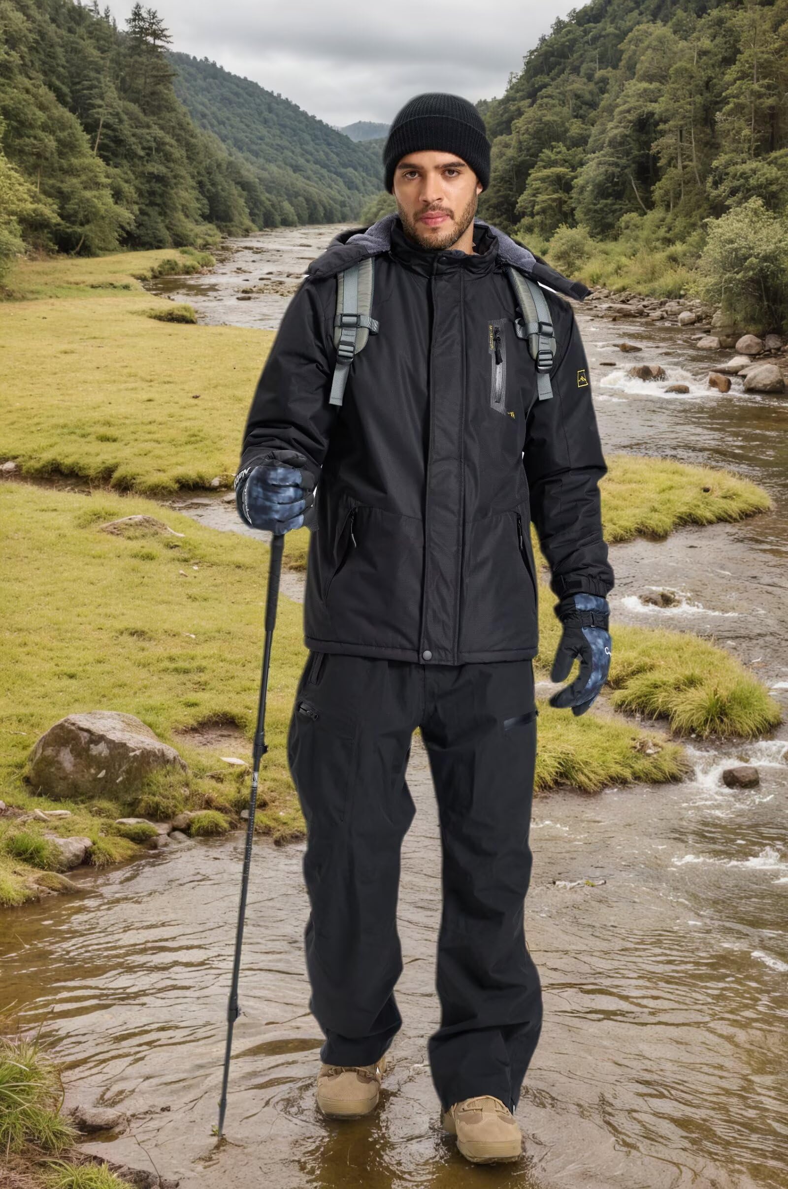 PrimeCrest Winterjacke Herren Jacke Fleecejacke Skijacke Wasserdichte Warme Thermo Gefüttert Softshell Ski Winter Tactical Hoodie Jacke Männer Snowboard Dicke Outdoorjacke Softshelljacke Schwarz L 3