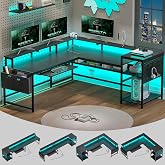 SEDETA L Shaped Gaming Desk, Reversible Computer Desk, Gaming Desk with Power Outlets &amp; LED Strip, Monitor Shelf, Keyboard Tray, Pegboard and Storage Shelves for Home Office, Black