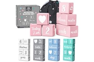 PARKWAY HOME Pink Baby Monthly Milestone Blocks with Bag. Baby Age Blocks for Girl or Boy Baby Photo Props and Baby Shower. Month Baby Milestone Blocks with Grammatically Correct Month and Year