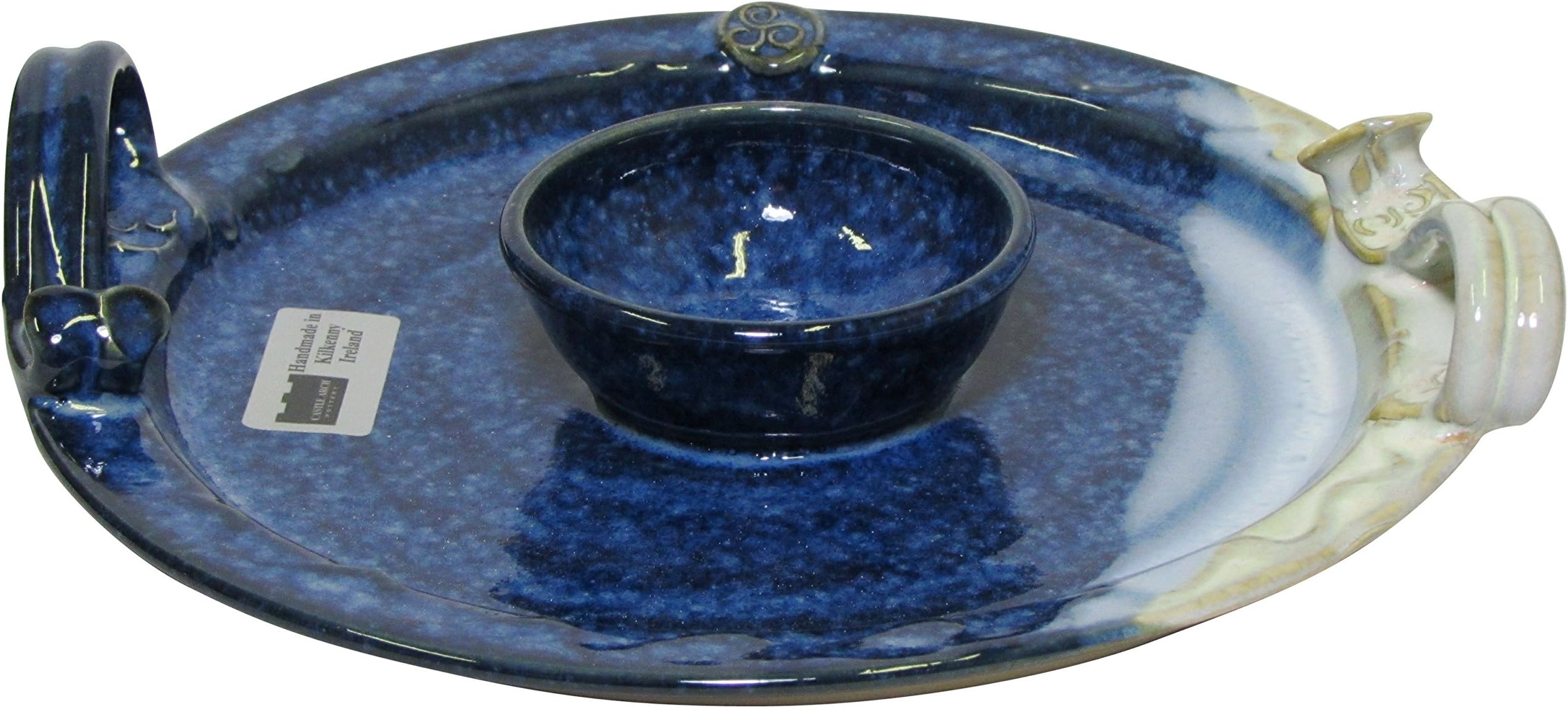 Handmade Party Serving Platter with Dip Bowl. 9” Diameter Decorative Plate with Celtic Spiral Designed Logo. Original Design Hand-Glazed for Durability and Quality of Finish
