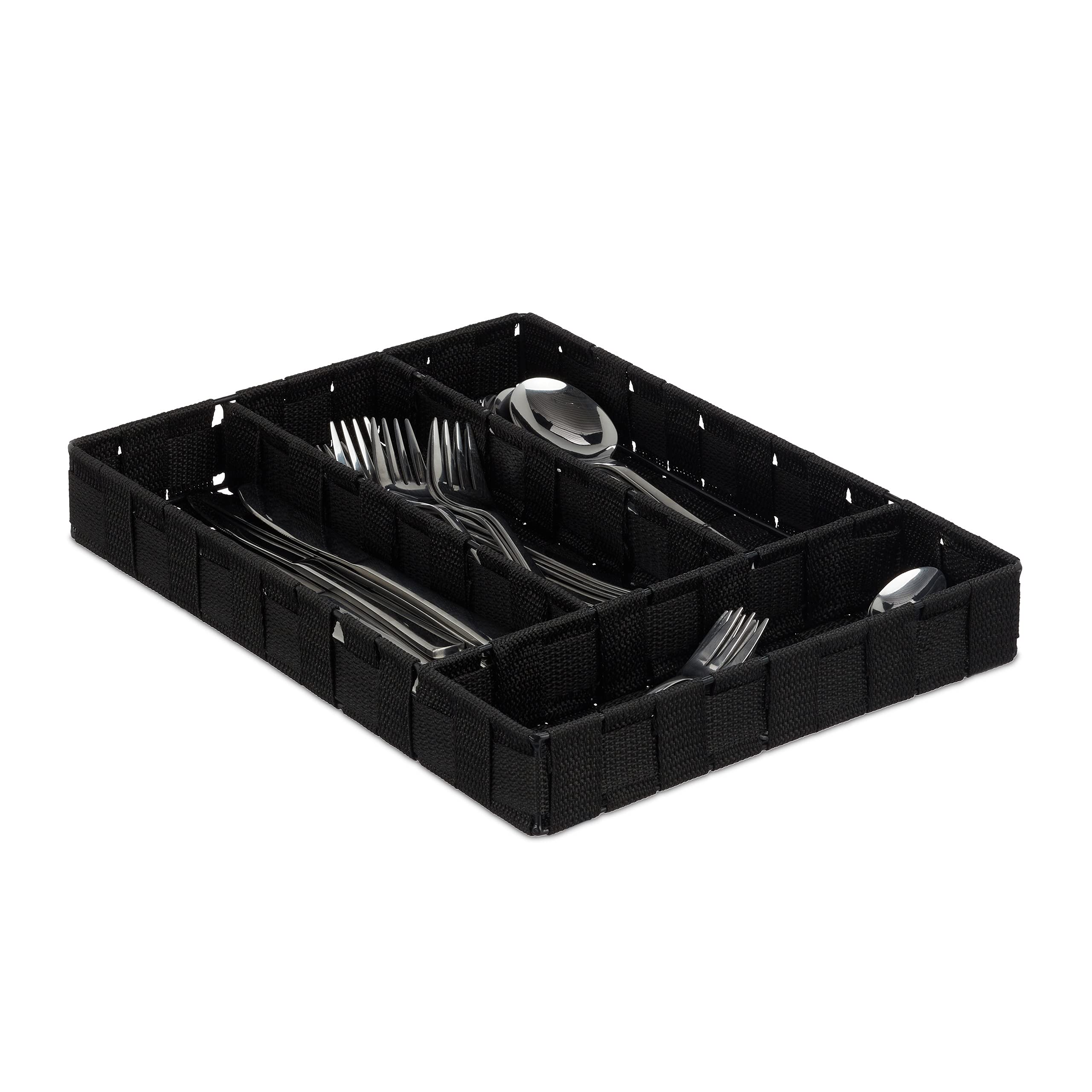 Relaxdays Cutlery Tray, 4 Compartments, Kitchen Flatware Organiser, Drawer Insert, HxWxD: 4.5x26x36 cm, Black