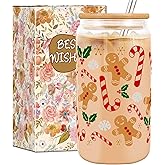 Christmas Cups, Gingerbread Iced Coffee Cup,Gingerbread Decorations, 16 oz Glass Cup with Lids and Straws, Xmas Mug Tumbler, Xmas Gifts - Christmas Gifts for Women Mom Her