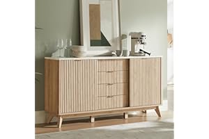 T4TREAM Fluted Buffet Cabinet, 60" Modern Sideboard with Sliding Doors & 4 Drawers, Coffee Bar Table with Storage, Faux Marble Top and Curved Profile Design for Dining Room, Living Room, Natural Oak