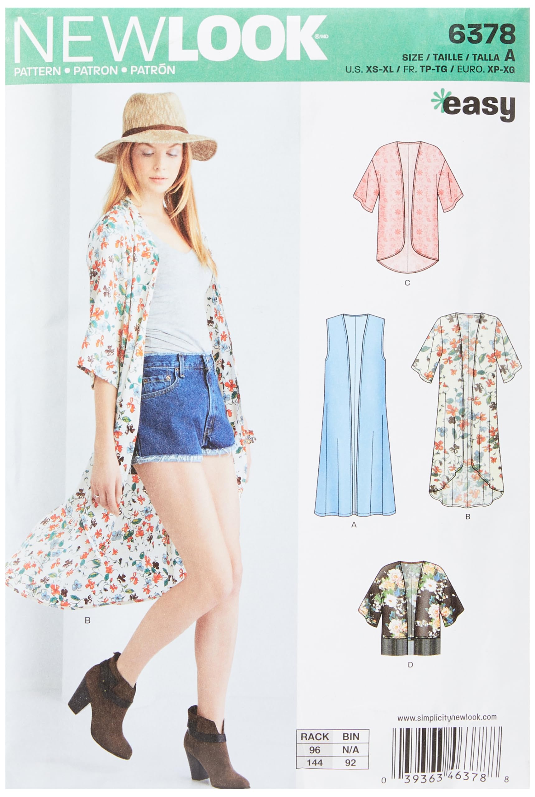 New Look Sewing Pattern 6378: Misses' Easy Kimonos with Length Variations, Size A (XS-S-M-L-XL)