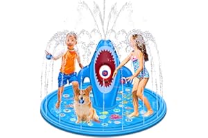 Webcem Splash Pad, 70" Shark Water Play Pad with 4 Sandbags, Thicken Inflatable Outdoor Sprinkler Pool Water Toys Fun for Chi