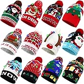 12PCS Light Up Christmas Hat, Christmas Beanie Knit Hats for Adults Family Men Women,Xmas Christmas New Years Holiday Party Winter Snow Sweater Hats Decorations, Free Size