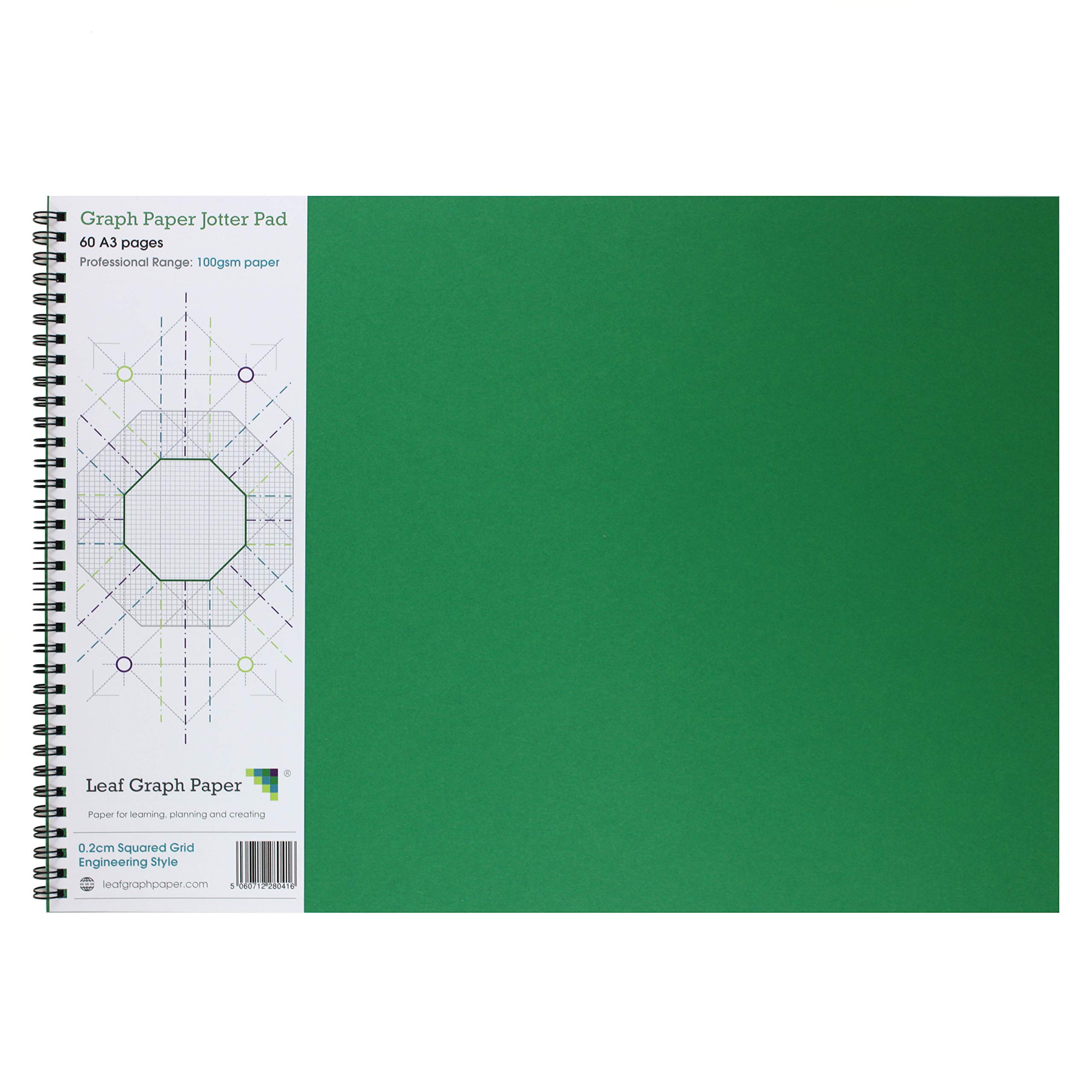 Leaf Graph A3 Graph Paper Pad, 2mm 0.2cm Squared Grid, 60 Pages, Wirebound Engineering Notebook, Ideal for Technical Drawing, Sketching, and School Projects