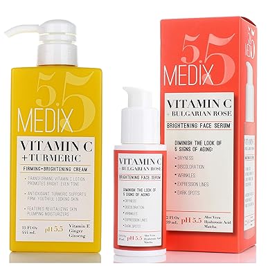 Medix 5.5 Vitamin C Cream &amp; Vitamin C Serum Two Piece Set. Anti-Aging Vitamin C Set with Vitamin E &amp; Turmeric for Brightening, Dark Spots, Discoloration, and Sun Damaged Skin. 15oz Cream + 2oz Serum
