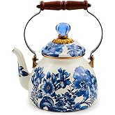 MACKENZIE-CHILDS Tea Kettle, 2 Quarts, Royal English Garden | Hand-applied design, made from enameled steel with a wooden handle, ideal for serving coffee, tea, and other hot beverages