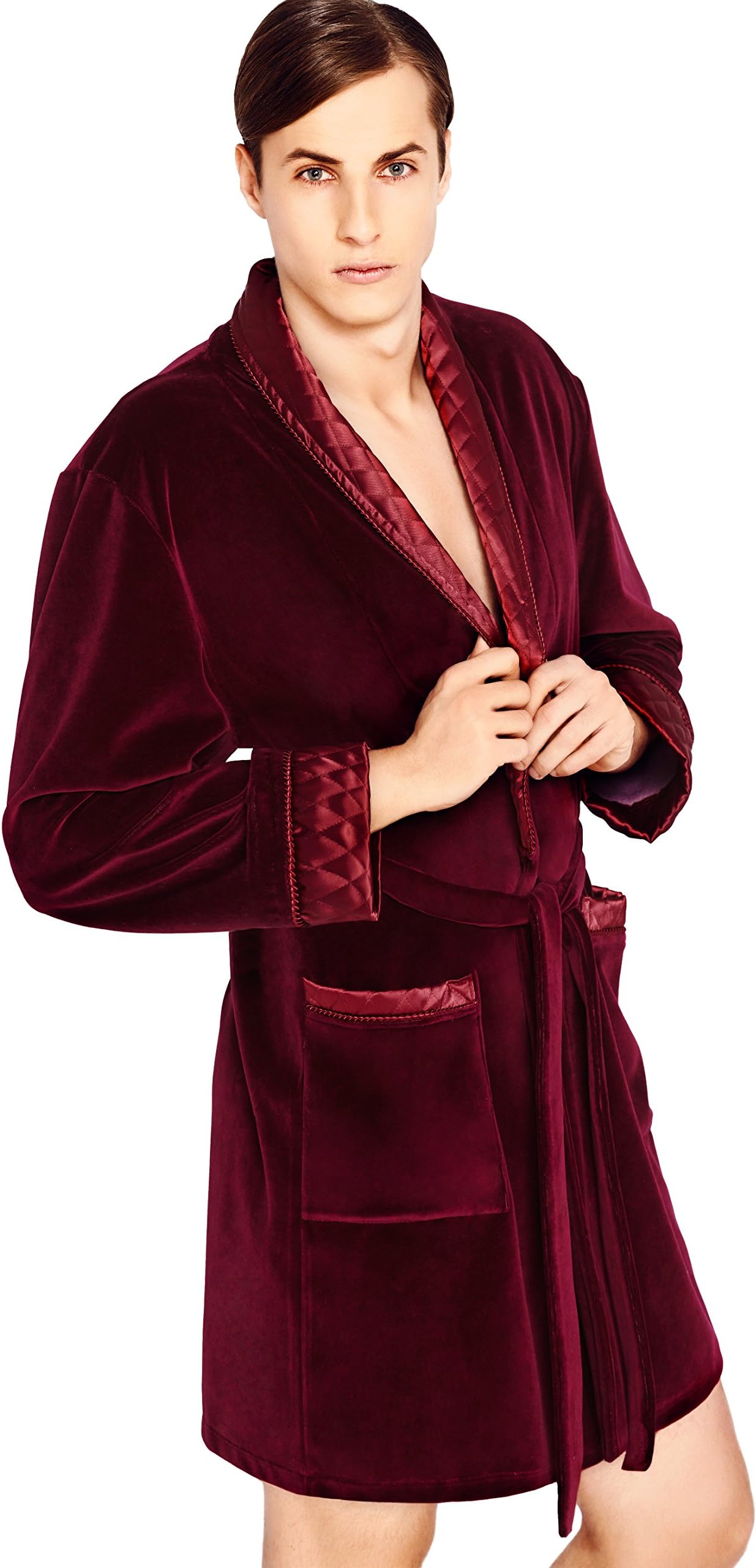 Wanmar Men's Luxury Housecoat Dress Gown Bathrobe Tie Belt and Hood Knee Length XX-Large Burgundy