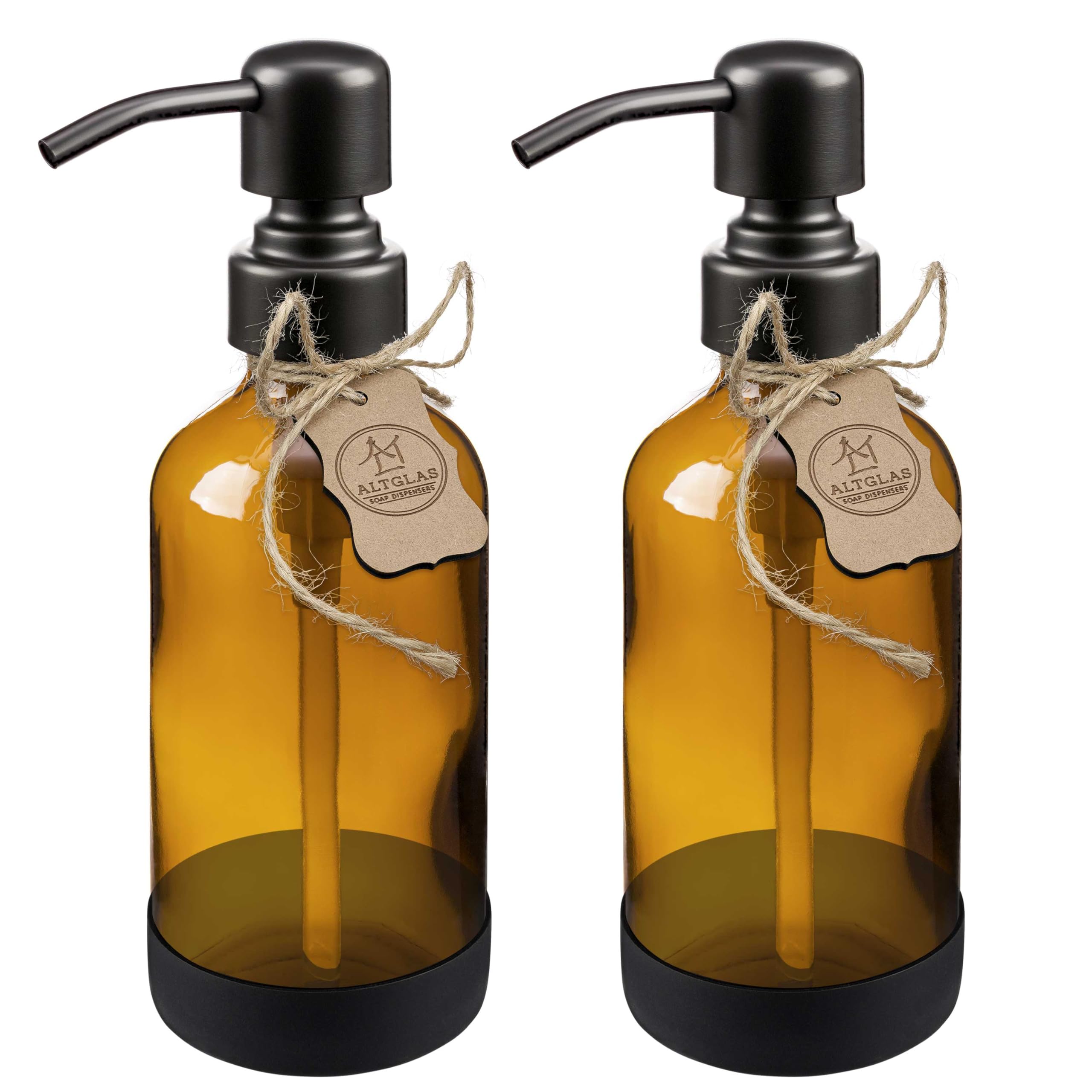 ALTGLAS Refillable Glass Soap Dispenser 'Sarajevo' from Amber Bottle with Silicone Coaster and 304 Stainless Steel Pump in Matt Black (250ml, Set of 2) — image 1
