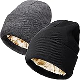 AQOKKA Womens Satin Lined Knit Beanies Hat Warm Silk Lined Winter Hat for Women Men Soft Slouchy Cuffed Unisex Skull Cap