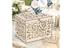 YOUEON Rustic Wood Wedding Card Box with Lock, Hearts Pattern, 11.7"L x 9.3"W x 8.7"H, Natural, Storage Box