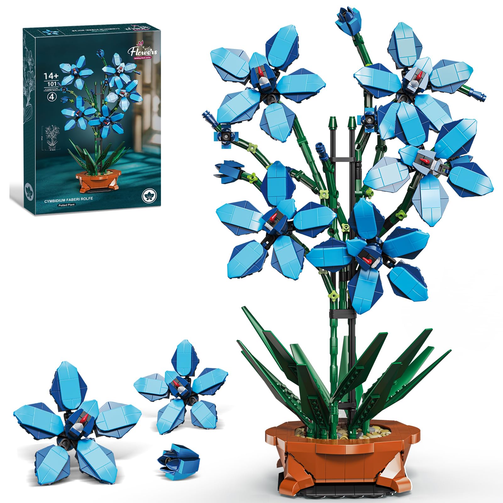 TOY PLAYER Building Blocks, 1097PCS Blue Orchid Flowers Building Block Set，DIY Home Decoration Kit for Adults，Flowers Home Decor Gift for Mother's Day, Valentine Day, Birthday, for 14+ Teens & Adults