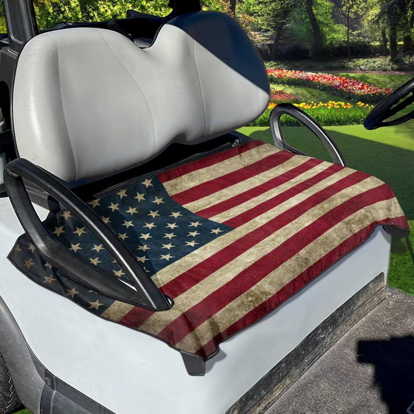 Photo 1 of Yewattles American Flag Golf Cart Seat Towel Protector Anti-Hot Portable Durable Golf Cart Cover 50 x 30.9 inches Universal for Most 2-Person Seats Club Car Decorative Accessories