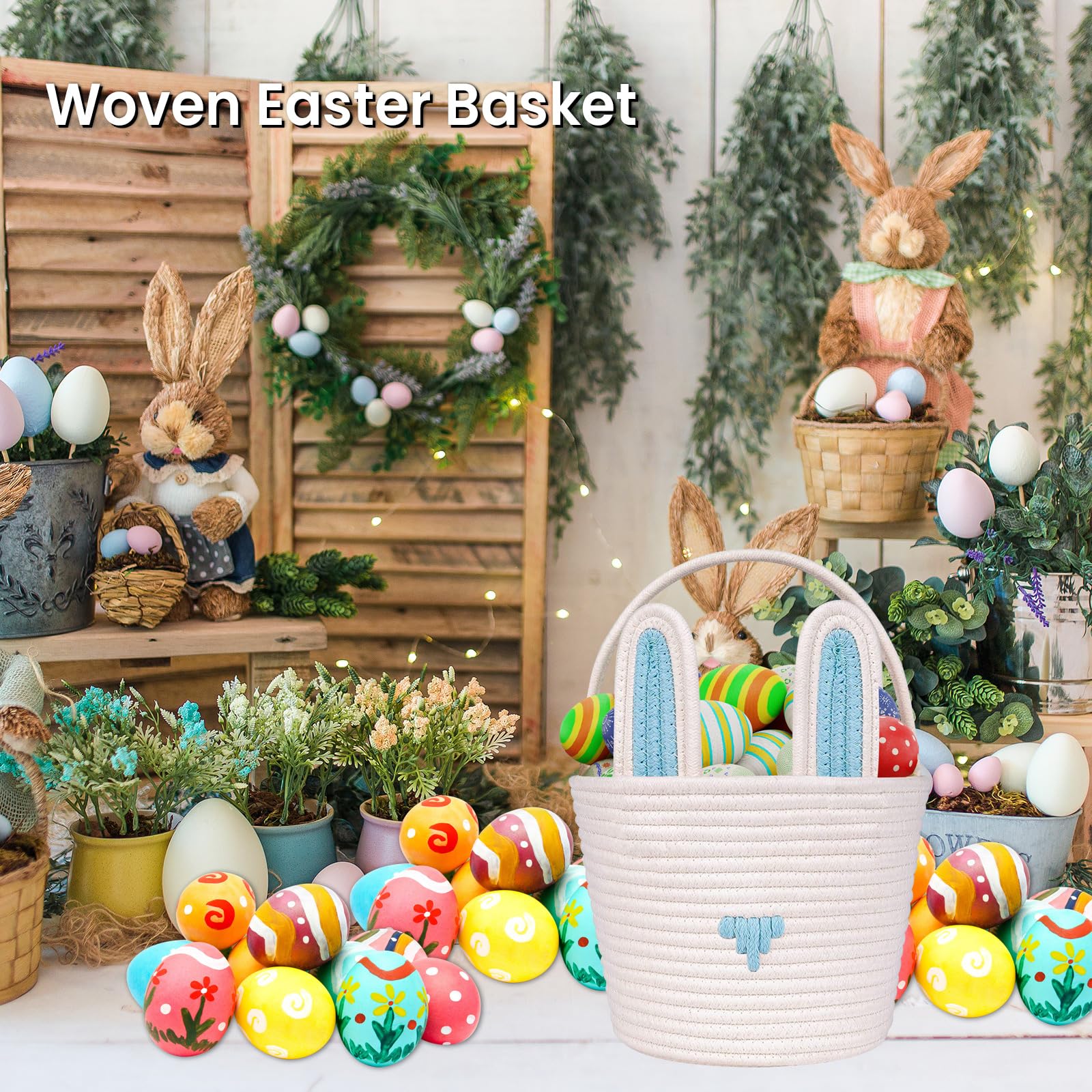 Easter Basket Empty Bunny Egg Baskets With Handle And Ears Easter Gifts Cute Woven Basket (blue)