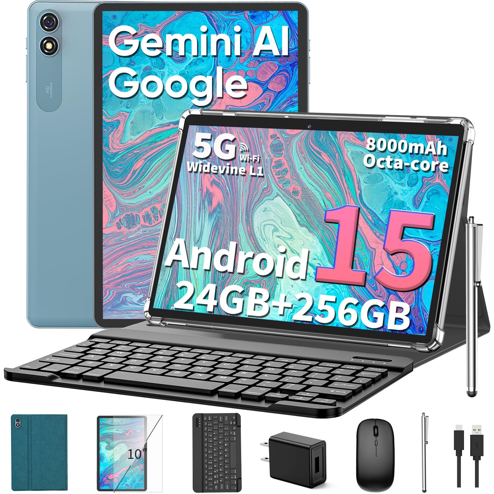 Photo 1 of 2026 10 Inch Tablet, Android 15 Tablet with Keyboard, 24GB+256GB+2TB Expand, 2-in-1 Tablets with 8-Core, 5G WiFi, 8000mAh, BT5.0, GMS, GPS, Gemini AI, Tablets PC with Mouse, Case, Stylus (Green)