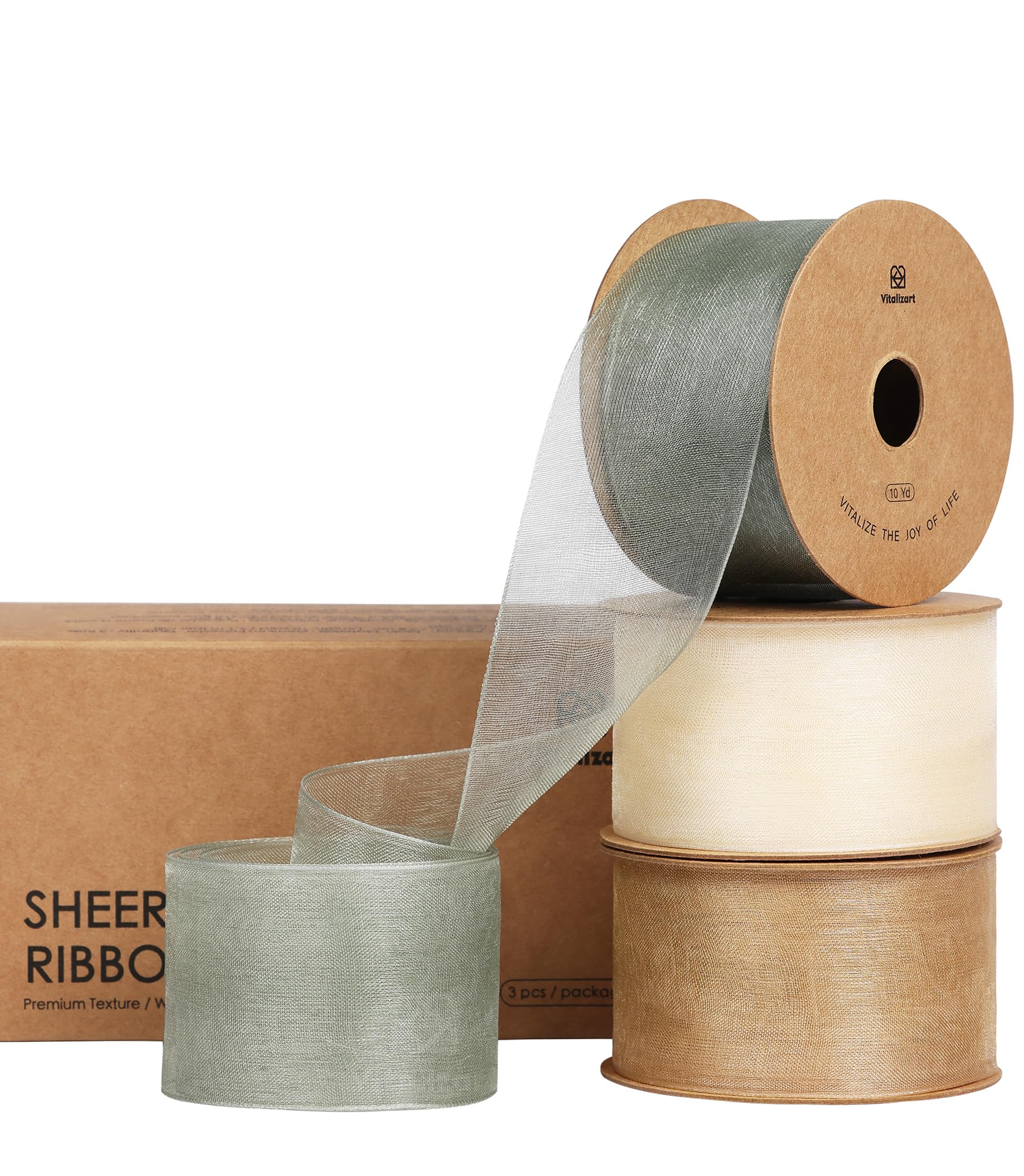 Photo 1 of Vitalizart Organza Ribbon 1.5" x 30 Yd Cream White Rose Gold & Dusty Green Sheer Ribbons for Gift Wrapping Crafts Christmas Party Decor Bows Wedding Invitations Wreaths Bouquet