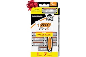 BIC Flex 5 Refillable Men's 5 Blade Razors, Long-Lasting and Comfortable Shave, 1 Handle and 7 Cartridges-Pack