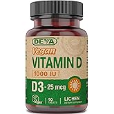DEVA Vegan Vitamin D3 Supplement - Once-Per-Day Tablet with 1000 IU - Cholecalciferol - Lichen Plant Derived - 90 Small Table