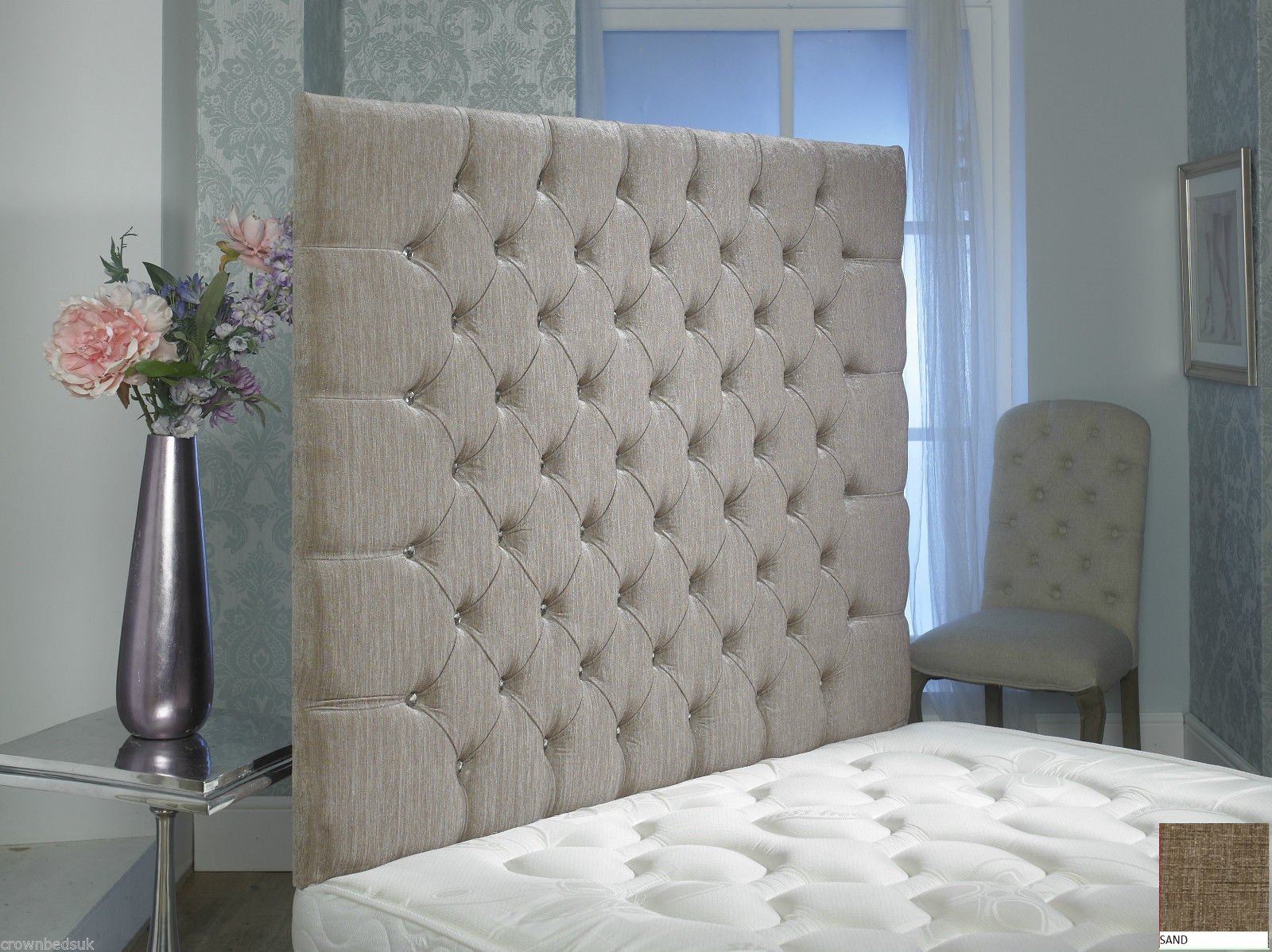 CROWNBEDSUK CHESTERFIELD WALL HEADBOARD CHENILLE IN 2ft6,3ft,4ft,4ft6,5ft,6ft Height 44'' MATCHING BUTTONS (6FT SUPER KINGSIZE, Sand) — image 1