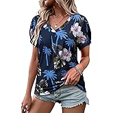 Womens Puff Short Sleeve Hawaiian Shirts Floral Tropic Printed Pleated V Neck Summer Casual T-Shirt Trendy Boho Blouses Tops