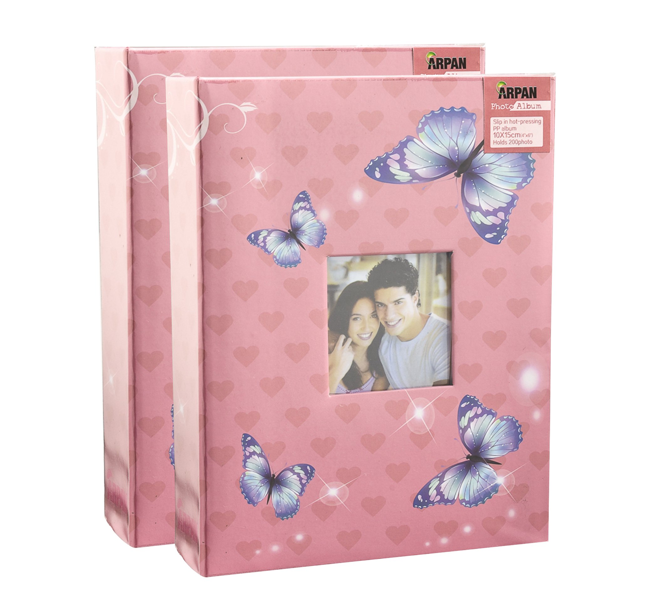 Photo Album 6x4" 10x15cm for 200 Photos Slip In – Pack of 2 Light Pink Butterfly Slip In Photo Albums | Photo Albums 6x4 200 Photos Slip In | Photos Album with CD Pocket and Window Frame Cover
