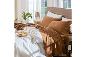 MooMee Bedding Sheet Set 100% Washed Cotton Linen Like Textured Breathable Durable Soft Comfy (Dark Orange, Queen)