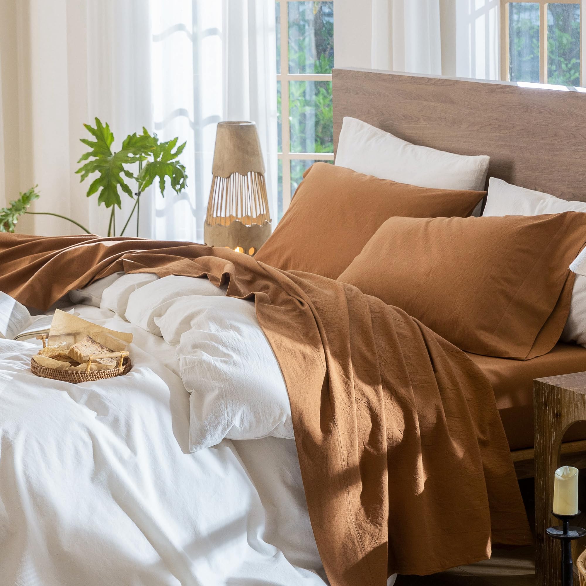 Photo 1 of MooMee Bedding Sheet Set 100% Washed Cotton Linen Like Textured Breathable Durable Soft Comfy (Solid Dark Orange, Full)