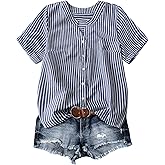 SOLY HUX Women's Plus Size Striped Button Down Shirts Notched V Neck Short Sleeve Casual Blouse Tops