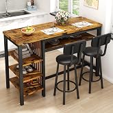 DKLGG 3-Piece Bar Table and Chairs Set, Counter Height Dining Table Set with Storage &amp; 2 Upholstered Stools, Hightop Kitchen Bar Table for Small Space, Pub &amp; Bistro