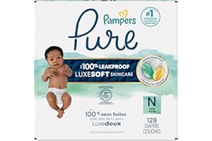 Pampers Pure Protection Diapers, Size N, for Up to 100% Leakproof, Plant-based Skin Protection, 1 Pack (Count of 128)