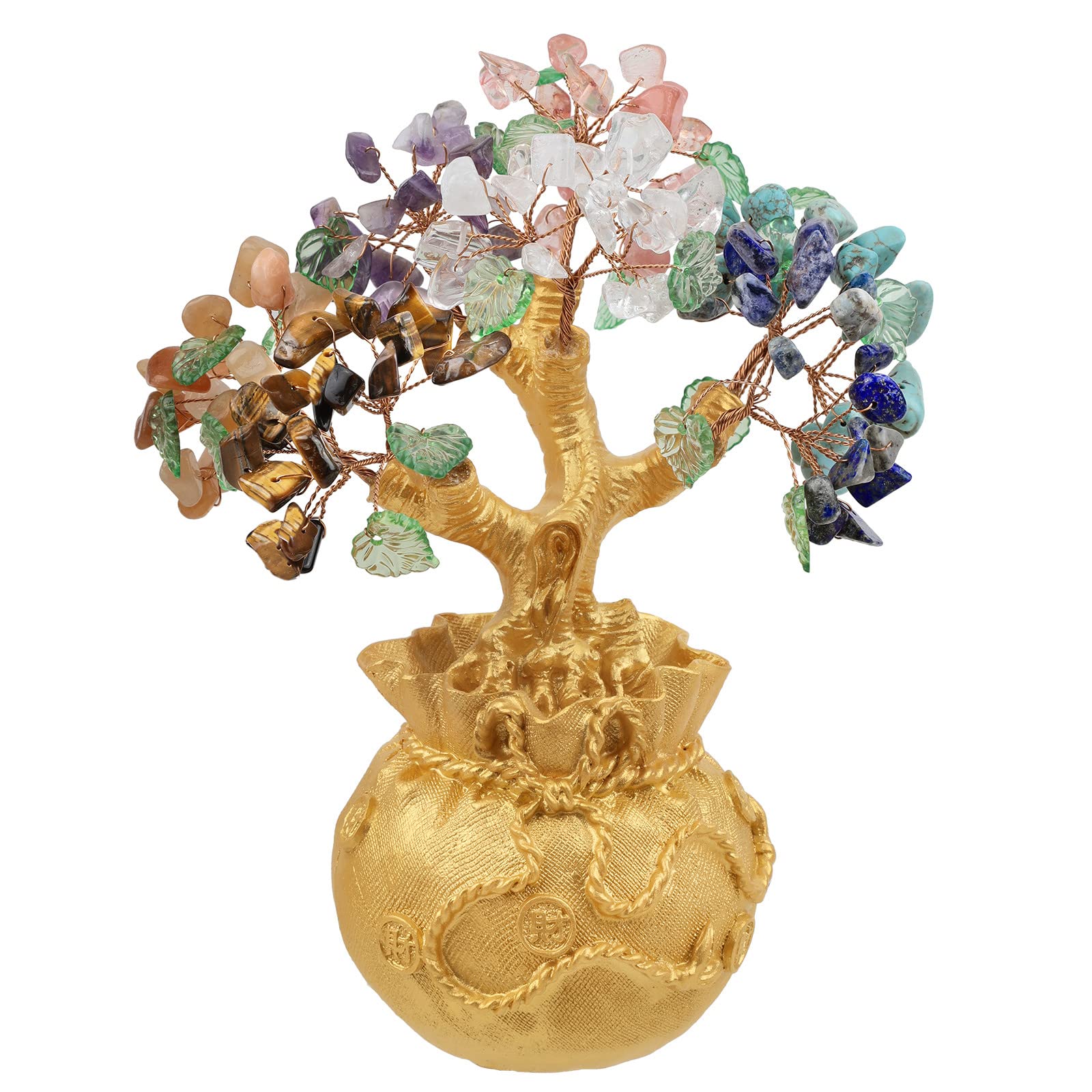 Nupuyai 7 Chakra Crystal Money Tree with Golden Money Bag Base for Home Office Decor, Wealth and Luck Bonsai Tree Fengshui Ornament with Gift Box