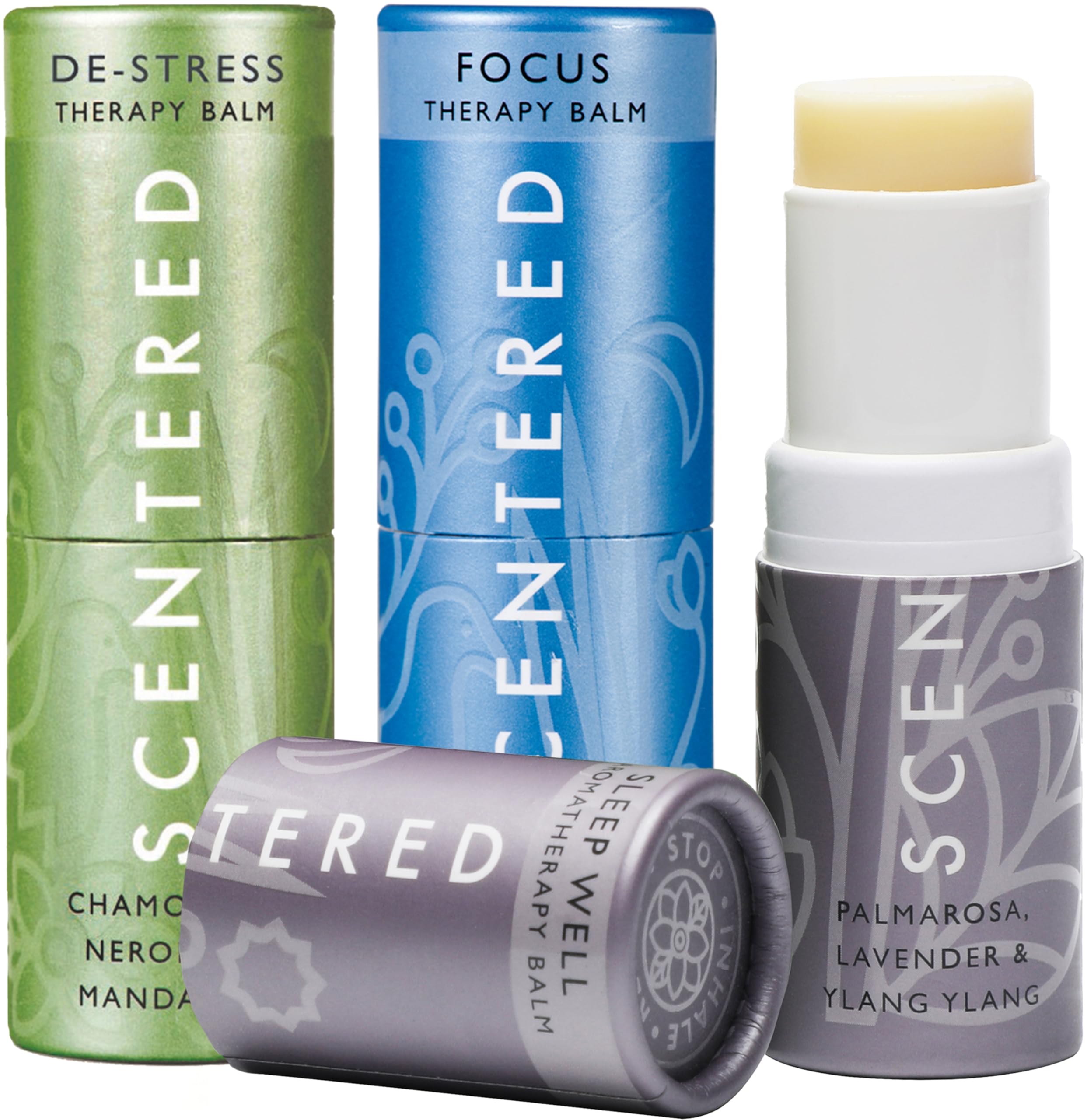 Scentered Aromatherapy Balm Gift Set - Calm & Confident - Pack of 3 Balms: Sleep Well, De-Stress, Focus - Rosemary, Cedarwood, Lavender Essential Oils - Aromatherapy Gifts for Women